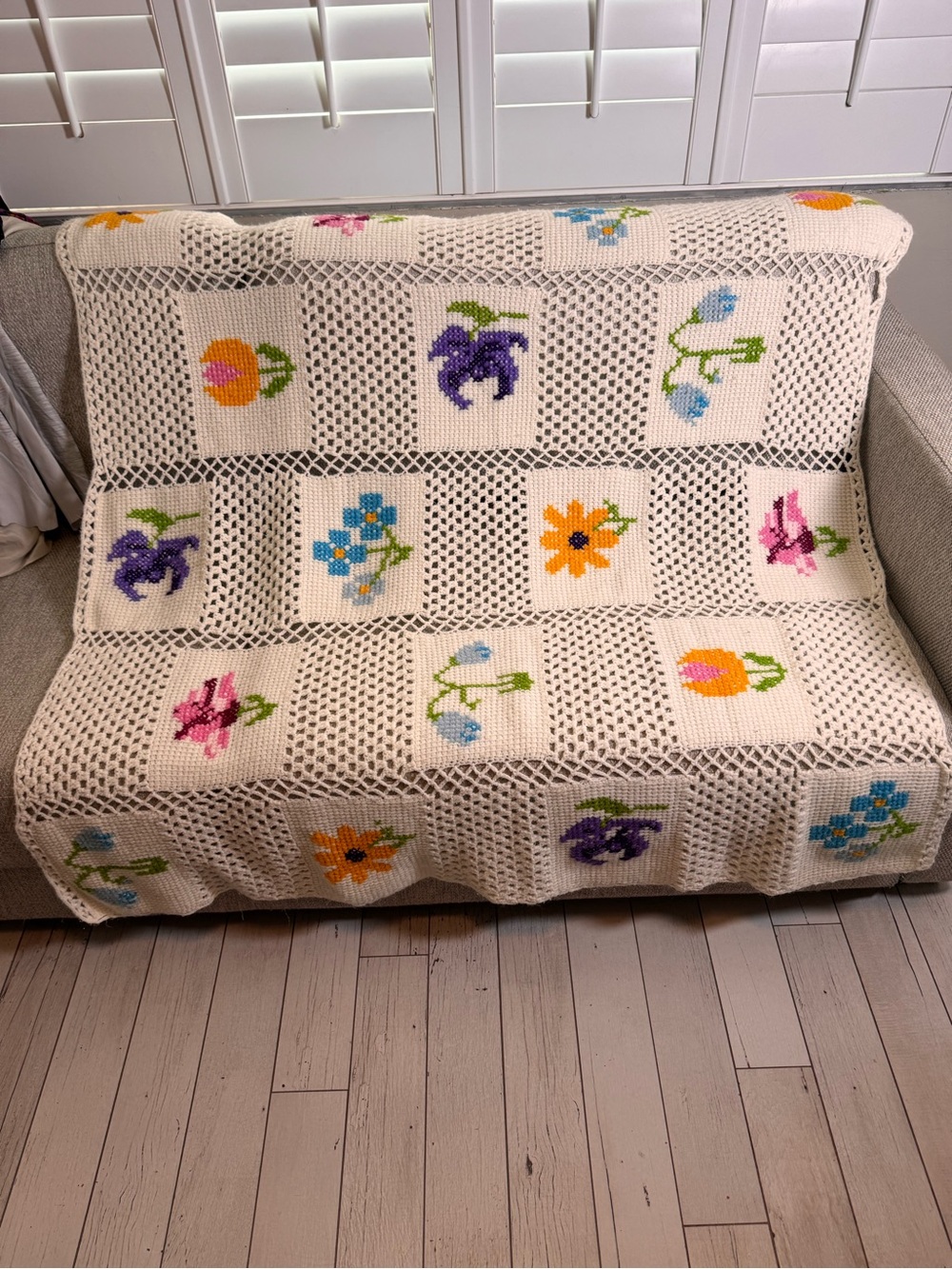 Granny Square Afghan, Flower Crochet Throw, 54”x56” Handmade